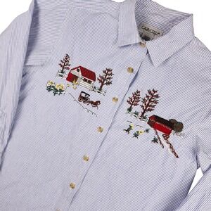 VTG Denim Shirt Embroidered Farm Scene Button Up Cottage Boho Grannycore Medium